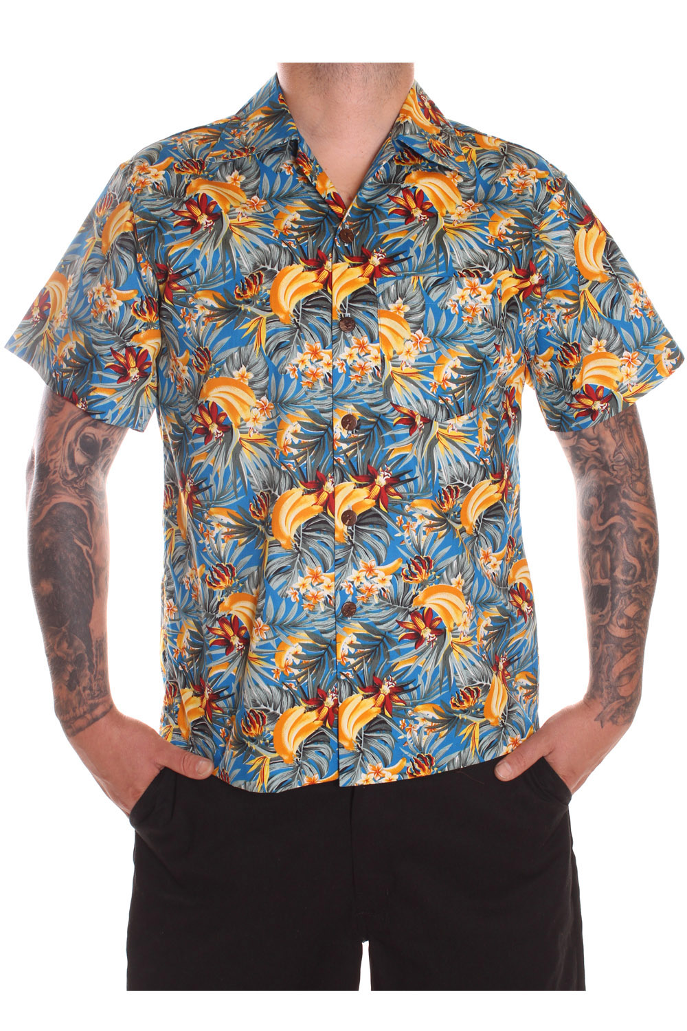 50s Style retro Hawaii Blumen rockabilly Hawaiihemd Shirt Bananen blau d