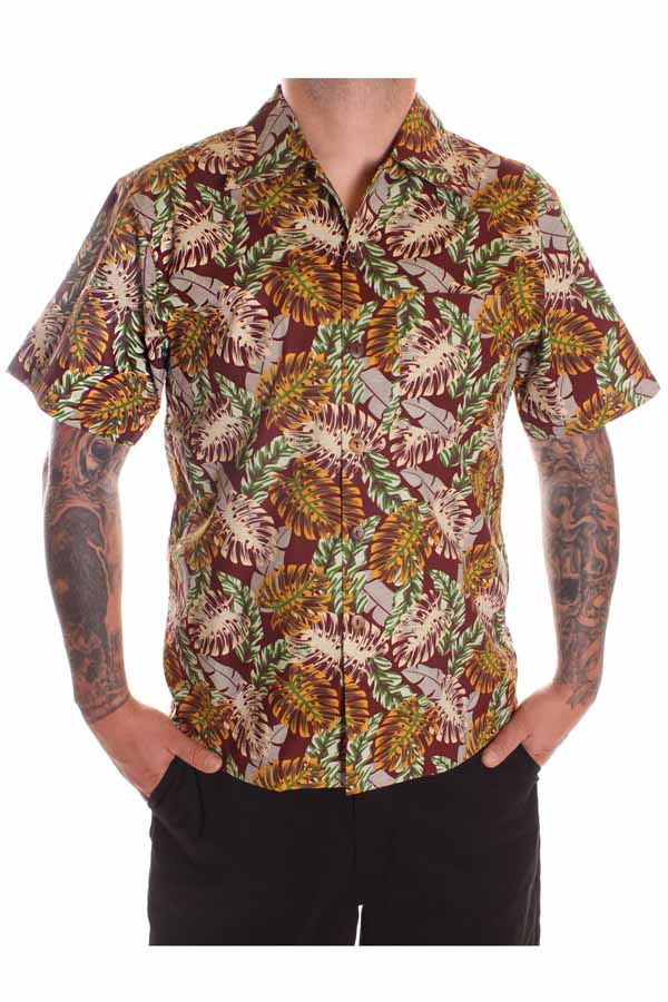 50er Jahre retro rockabilly Hawaiihemd Hawaii Shirt Blätter weinrot e