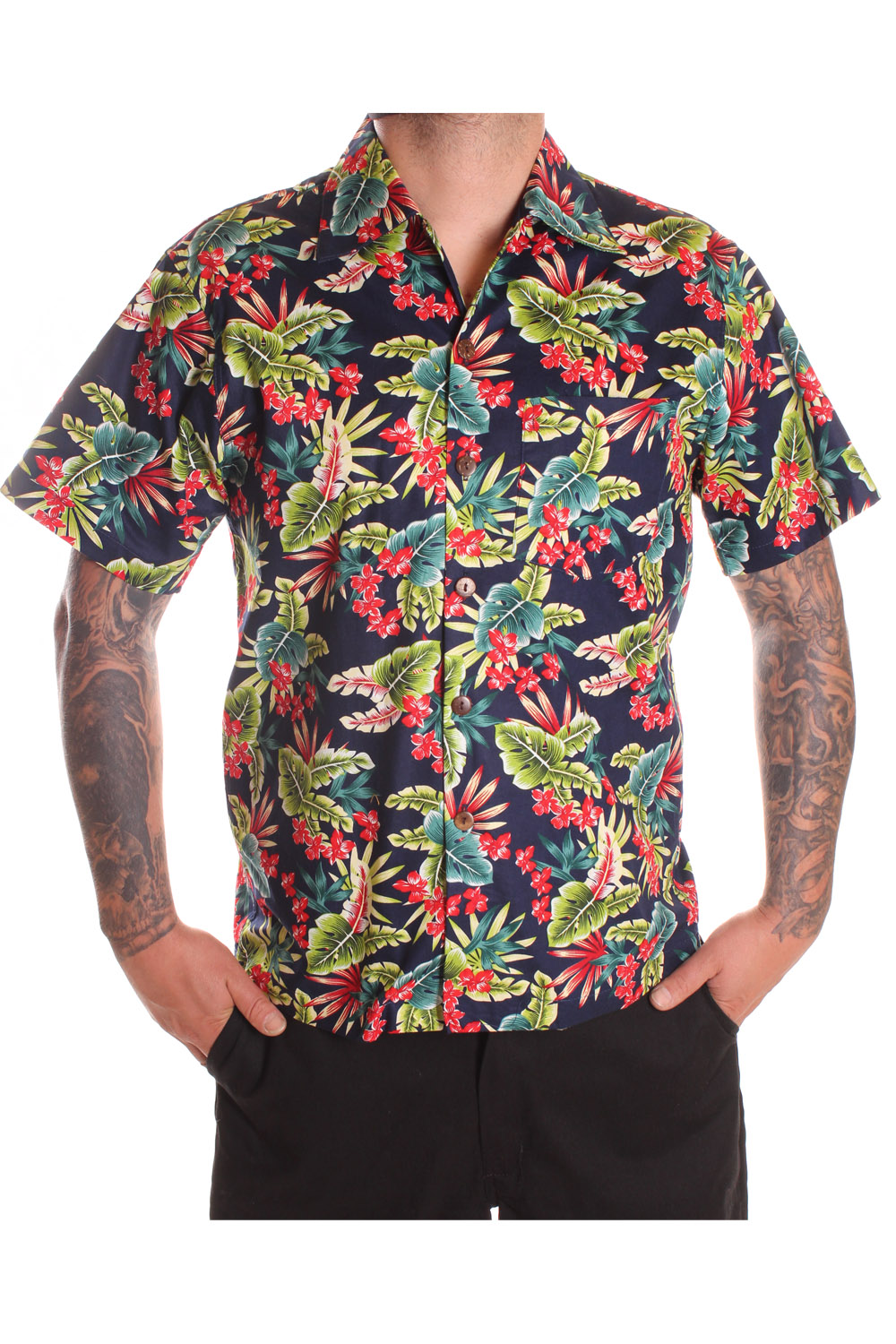 retro Hawaii Blumen Hibiskus rockabilly Hawaiihemd Shirt blau-rot a