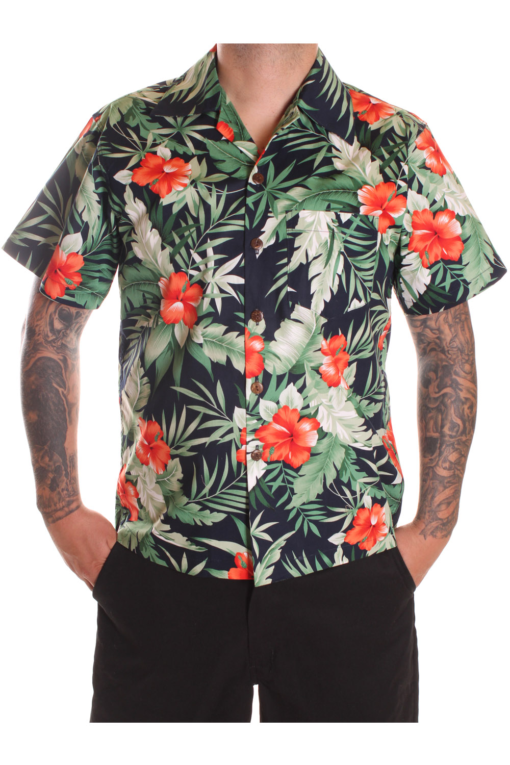 50s retro Hawaii Blumen Hibiskus rockabilly Hawaiihemd Shirt dunkelblau c
