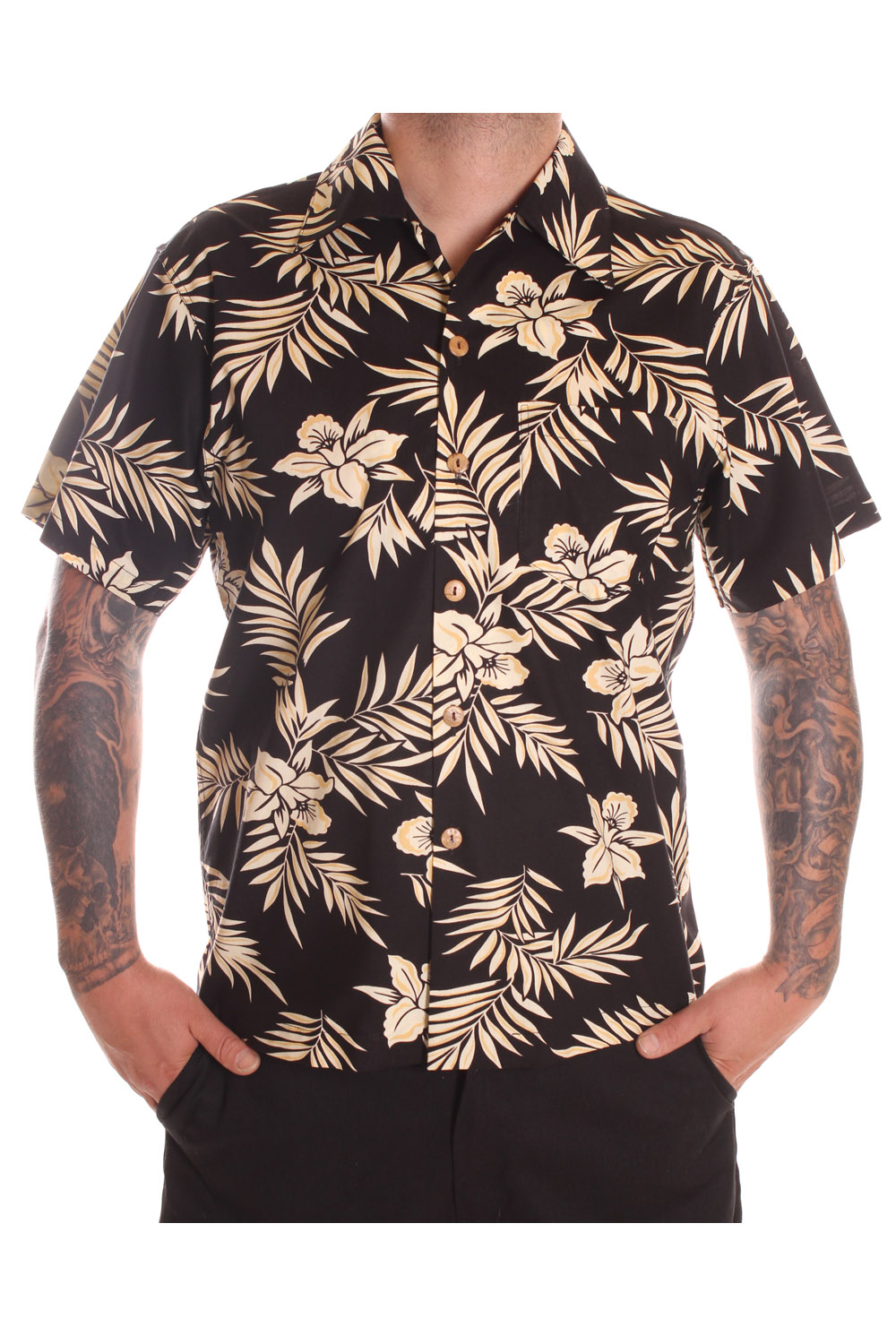 retro Hawaii Blumen Hibiskus rockabilly Hawaiihemd Shirt schwarz f