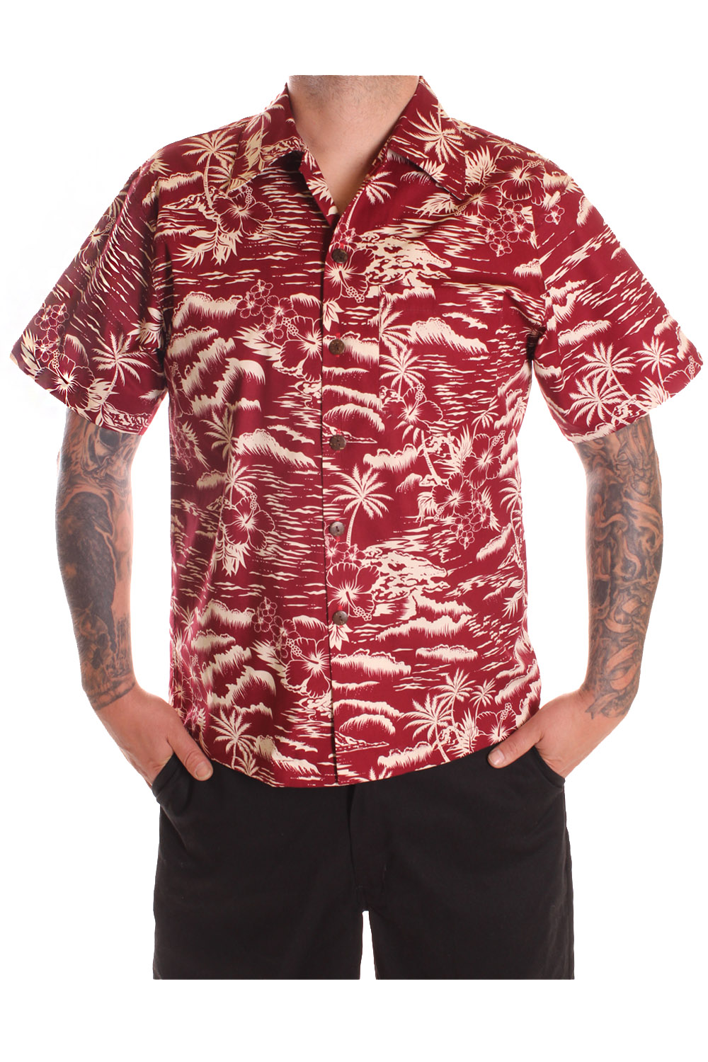 retro Hibiskus Blumen rockabilly Hawaiihemd Hawaii Shirt weinrot b