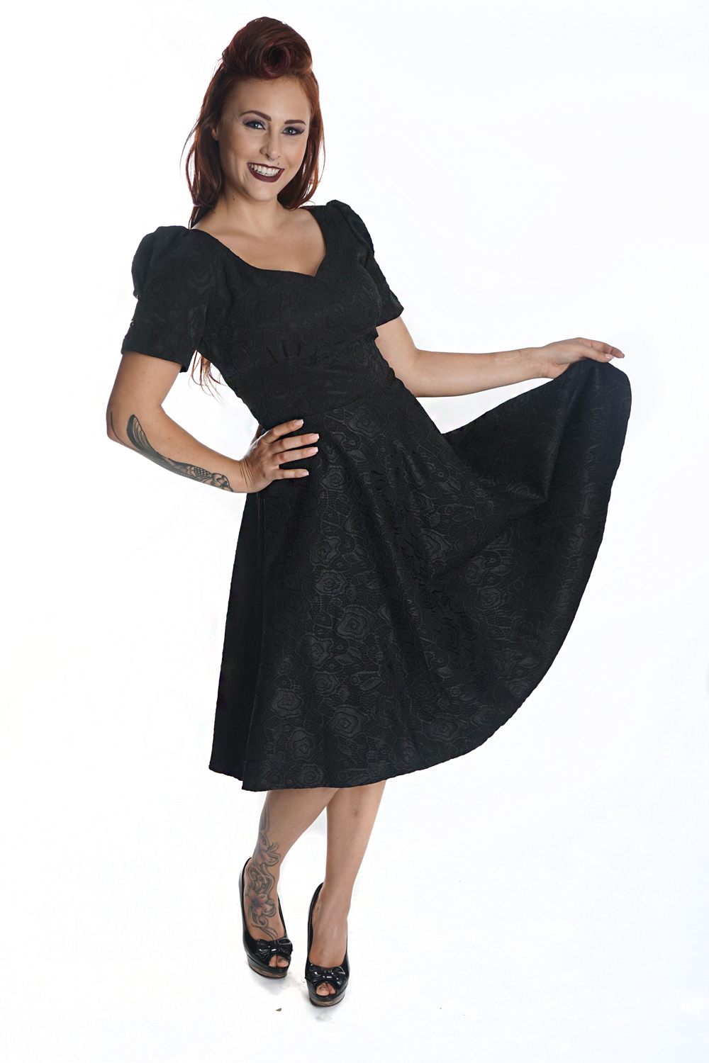 50s rockabilly Rosen SWING Spitzen Kleid Petticoatkleid schwarz