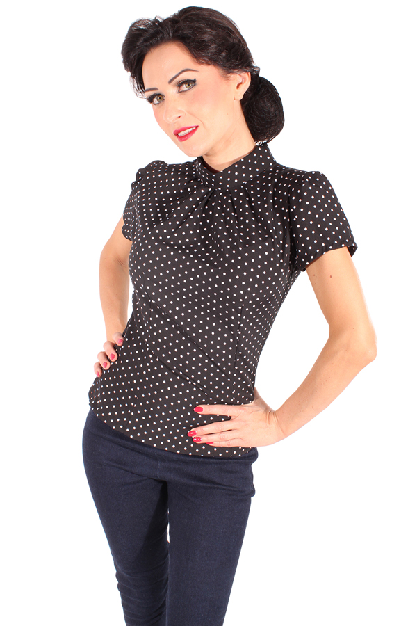 retro 50er Polka Dots Rockabilly Puffarm Punkte Schlüsselloch Bluse