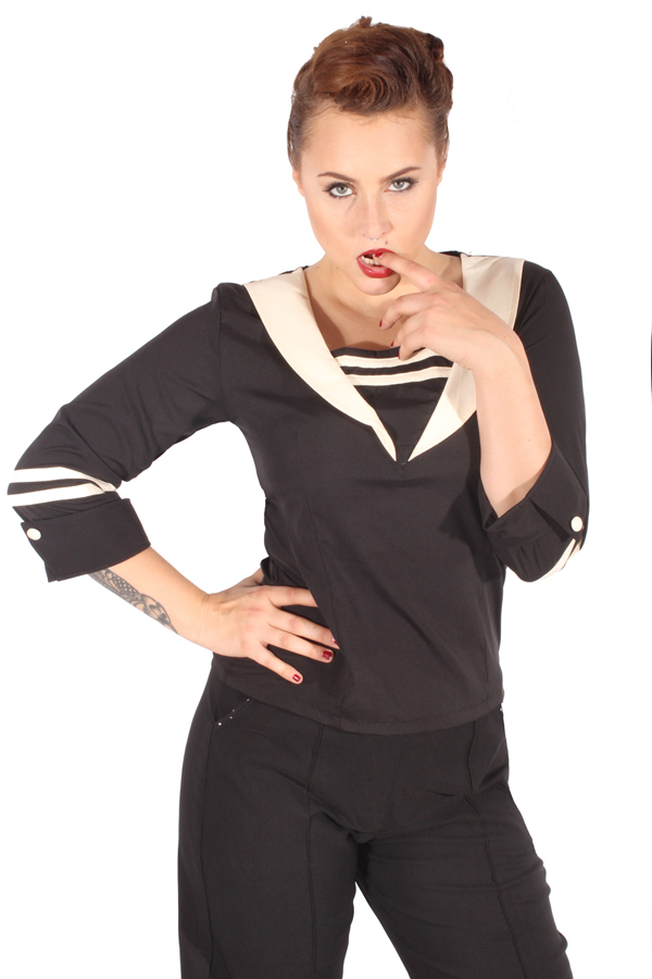 Matrosen Rockabilly retro V-Ausschnitt Sailor 3/4arm Bluse schwarz