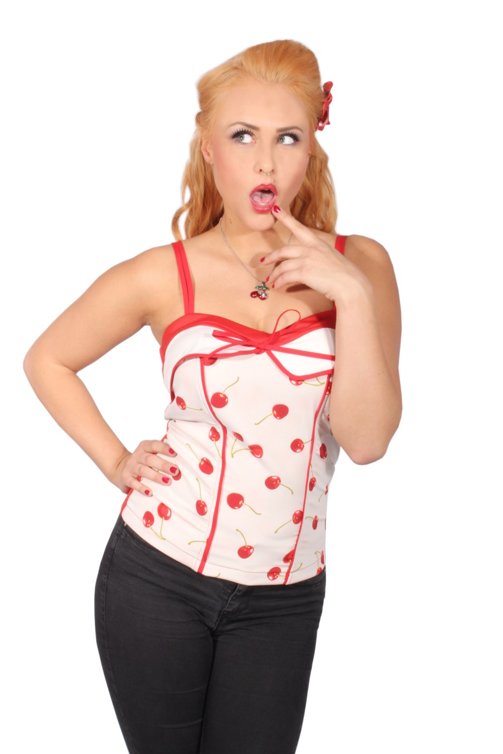 Kirschen rockabilly pin up Cherry Corsage Träger TOP Shirt incl Pads rot