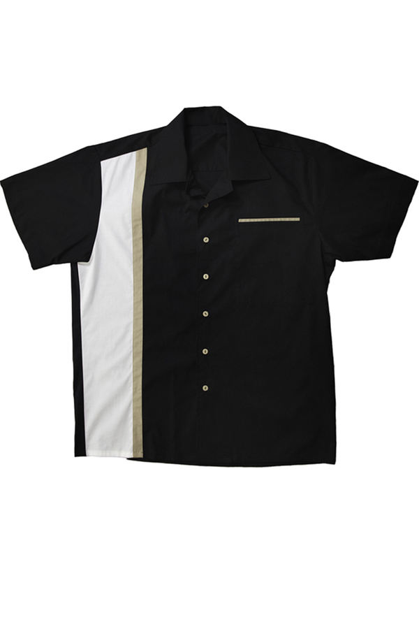 50er Panel rockabilly Lounge Shirt BOWLING Hemd schwarz-weiß-beige