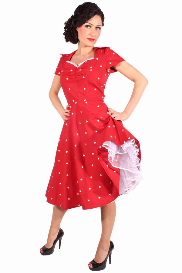 50er Jahre retro Pin Up Herzchen Swing Kleid Petticoatkleid rot