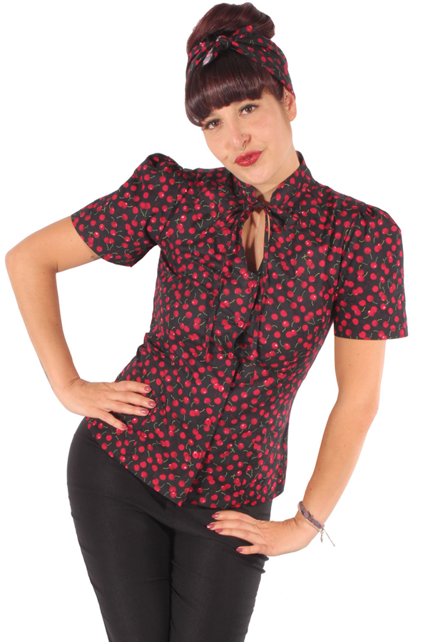 retro Kirschen rockabilly Schluppenbluse Cherry Keyhole Stehkragen Bluse