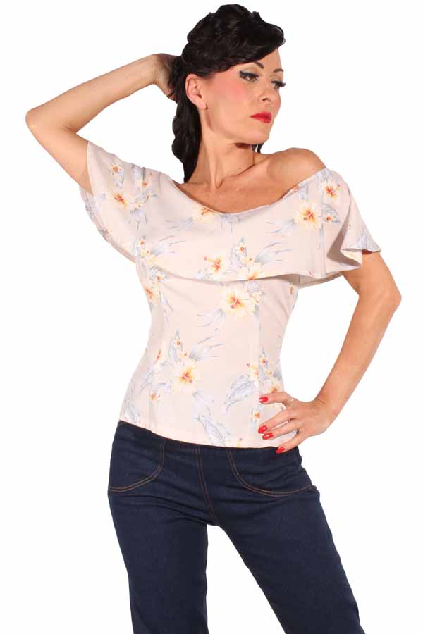Hawaii Hibiskus Blüten rockabilly Volant Shirt retro Carmen Sommer Top