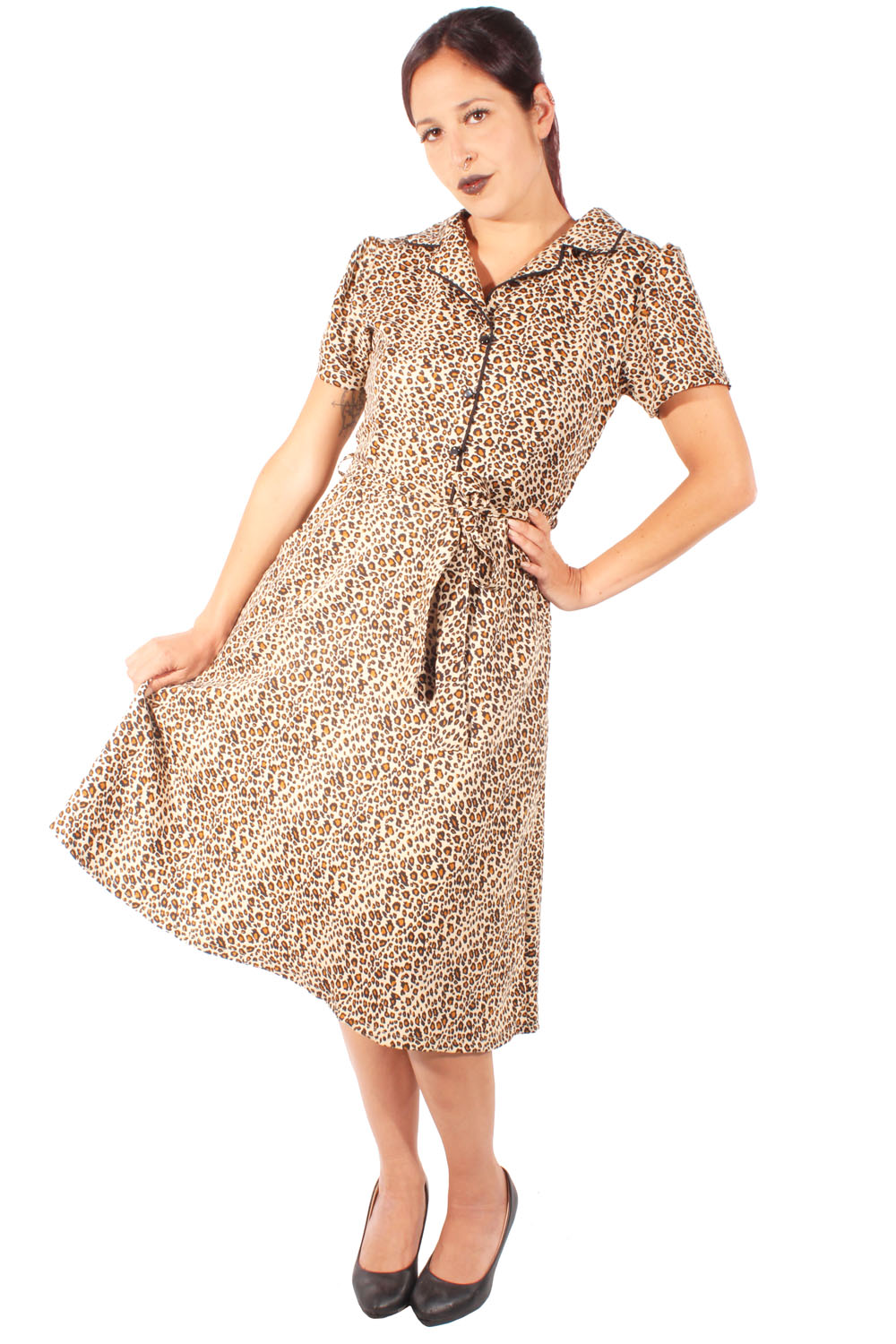 60s retro Leoparden A-Linie Puffärmel Kleid Jerseykleid Hemdkleid Leo