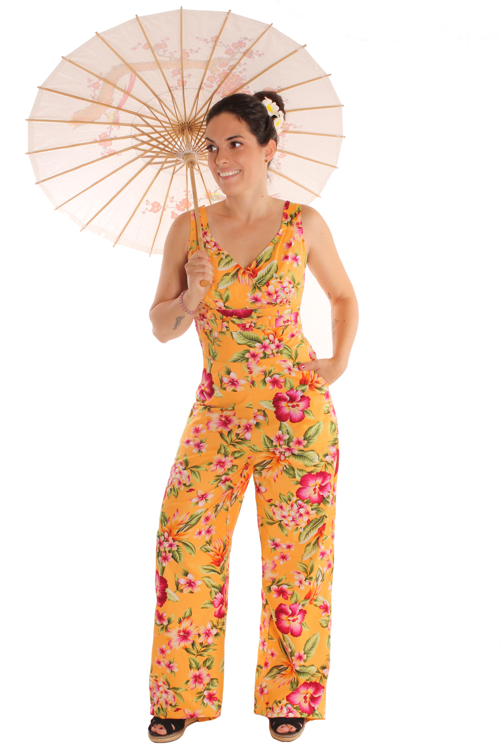 50s Style retro Hawaii Hibiskus Blumen Playsuit Marlene Jumpsuit Overall