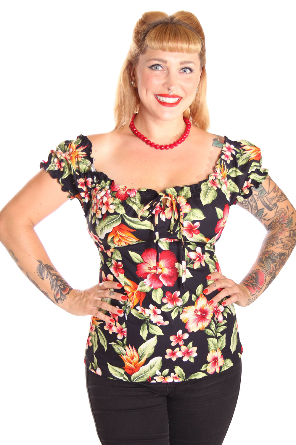 50er Hibiskusblüten rockabilly Carmen Puffärmel Shirt Hawaii Top