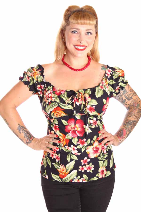 50er Hibiskusblüten rockabilly Carmen Puffärmel Shirt Hawaii Top