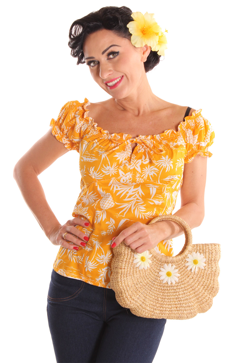 50er Hawaii rockabilly Carmen Puffärmel Shirt Ananas Sommer Top