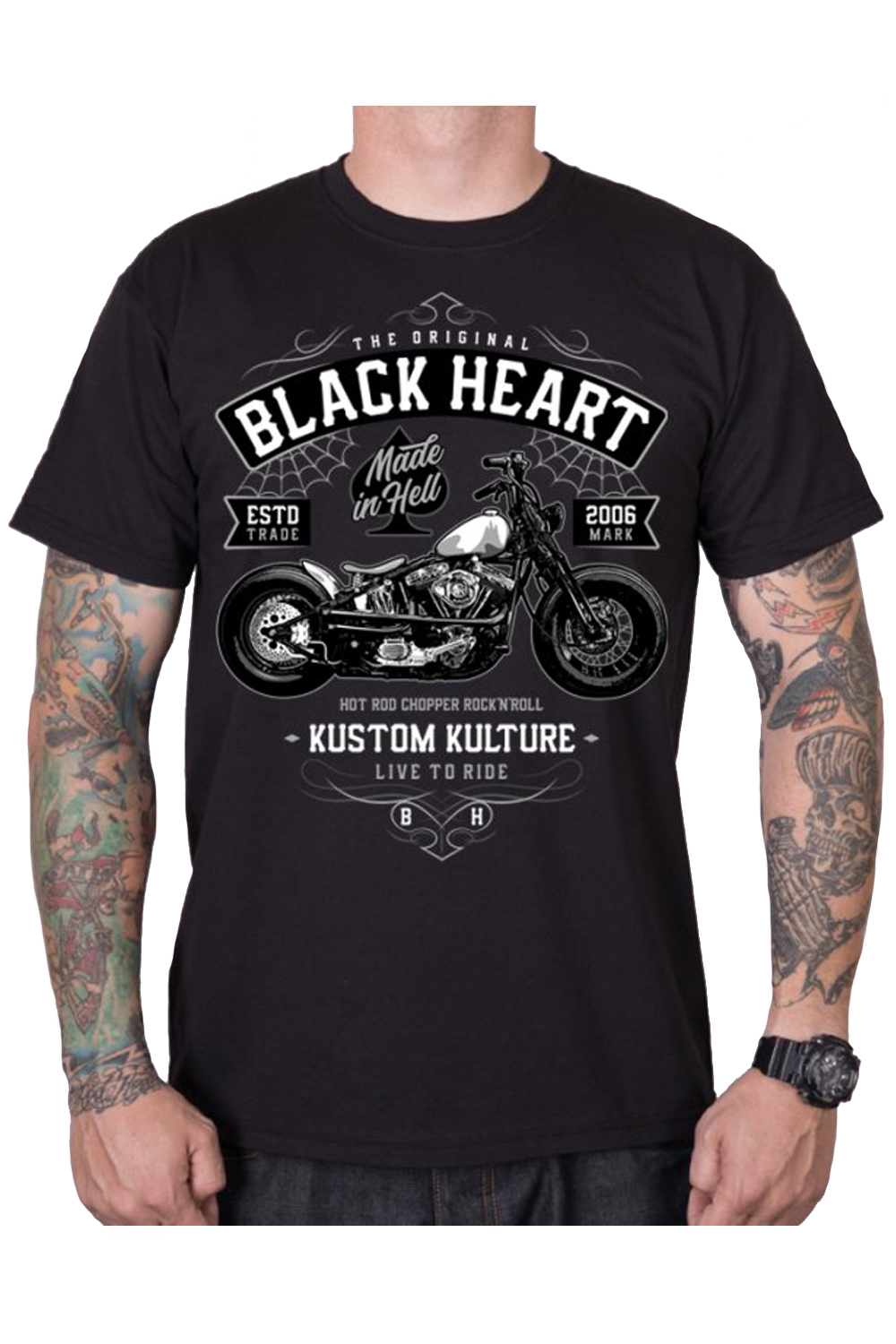 Moto Kult Chopper Motorrad Rock`n Roll Biker Live to Ride Black Heart T-Shirt