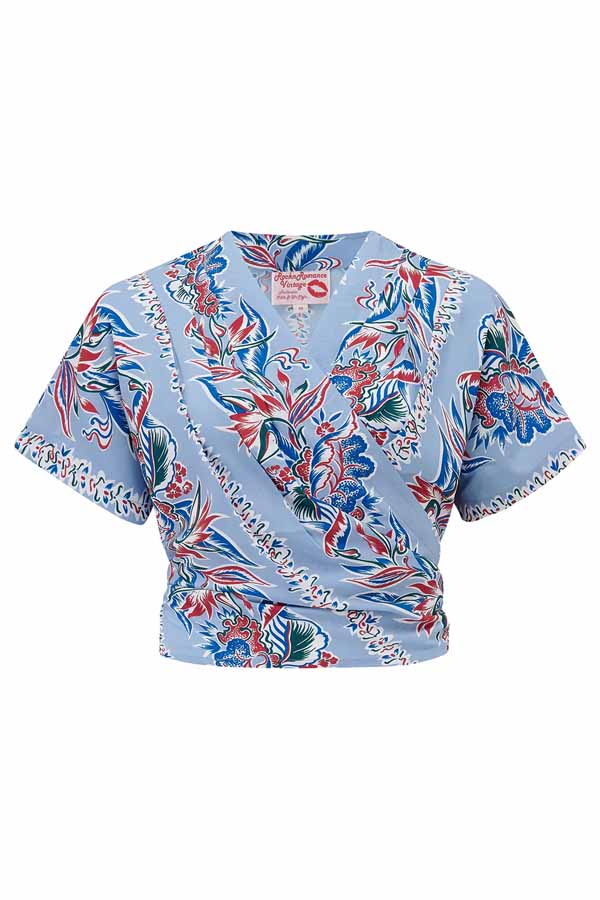 RocknRomance retro Wickel Bluse rockabilly Polynesische Blumen Wickelbluse