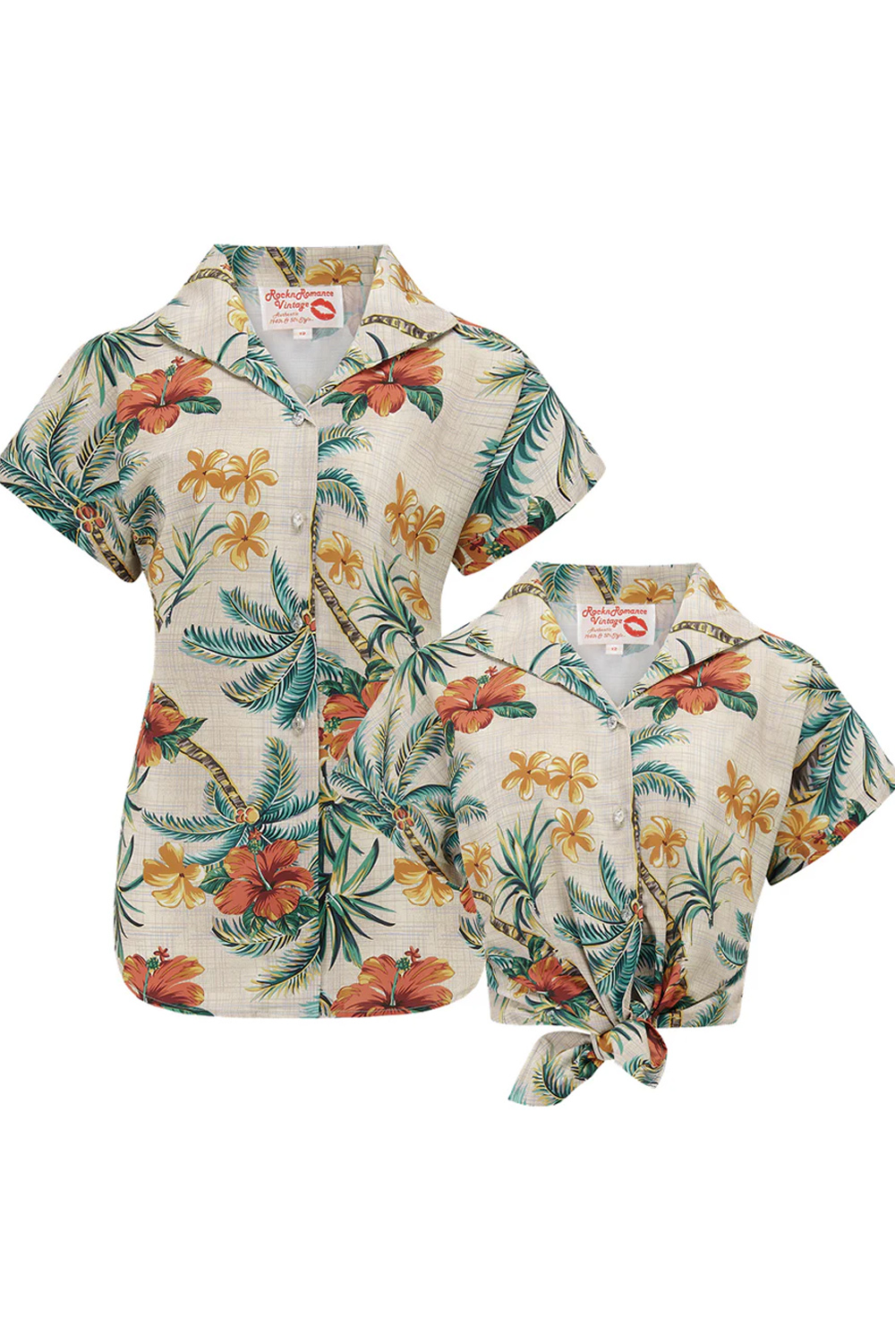 RocknRomance retro Tiki Blumen Hawaii Blüten Bluse rockabilly Wickelbluse