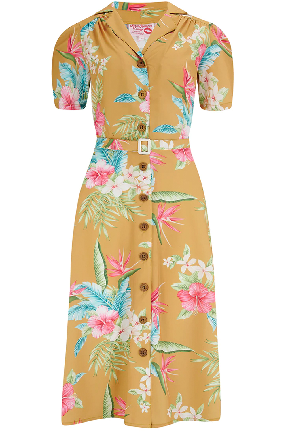 40er retro Hemdblusenkleid Hawaii Vintage Blüten Kleid senfgelb