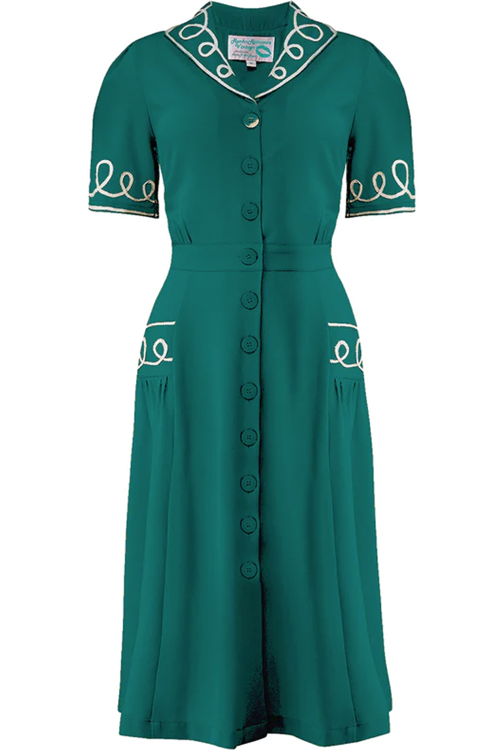 40er retro Hemdblusenkleid RicRac Vintage style Kleid kurzarm petrol